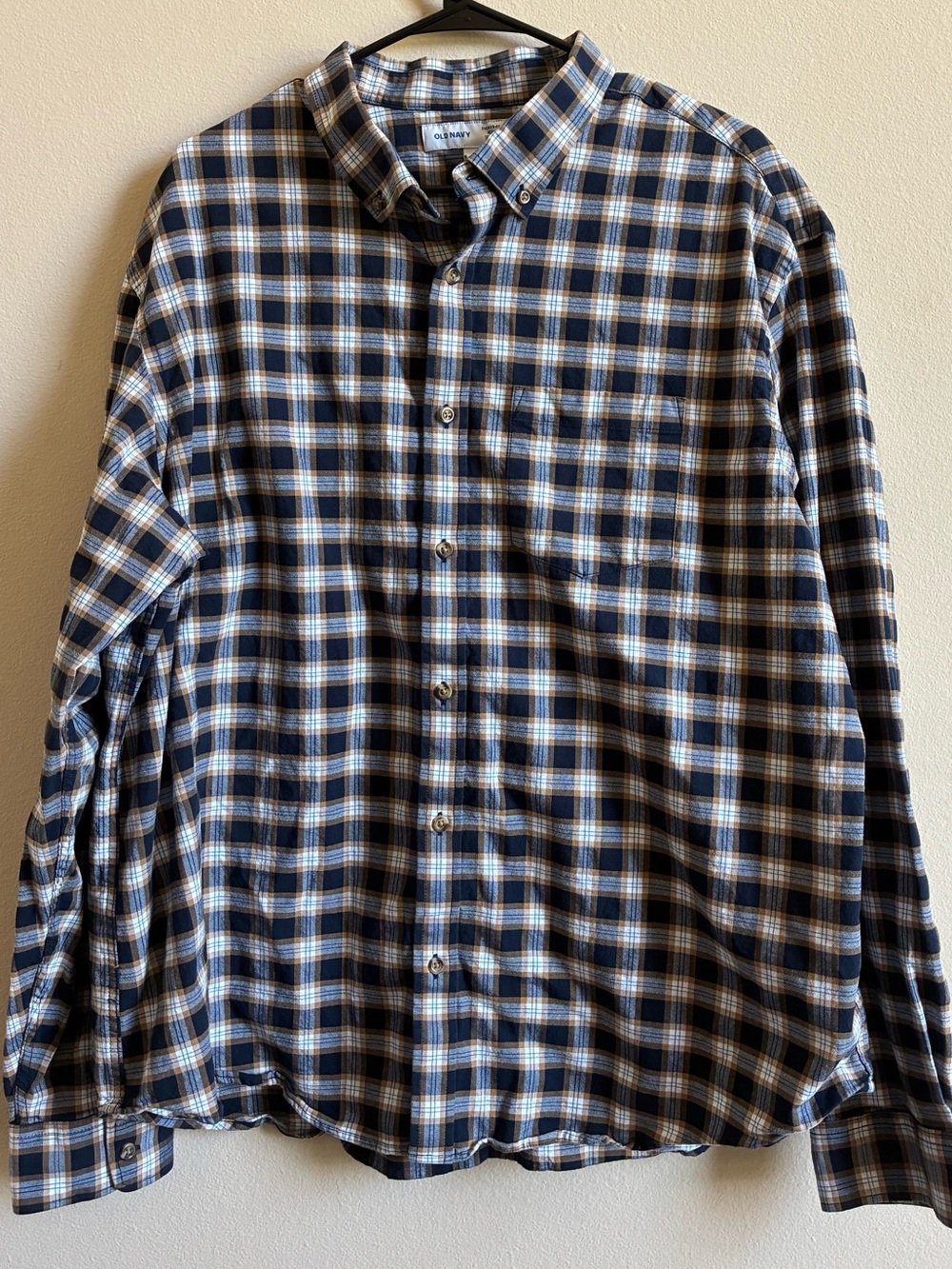 Old Navy Men’s Navy and Orange Plaid Button-Down Shirt - XXL